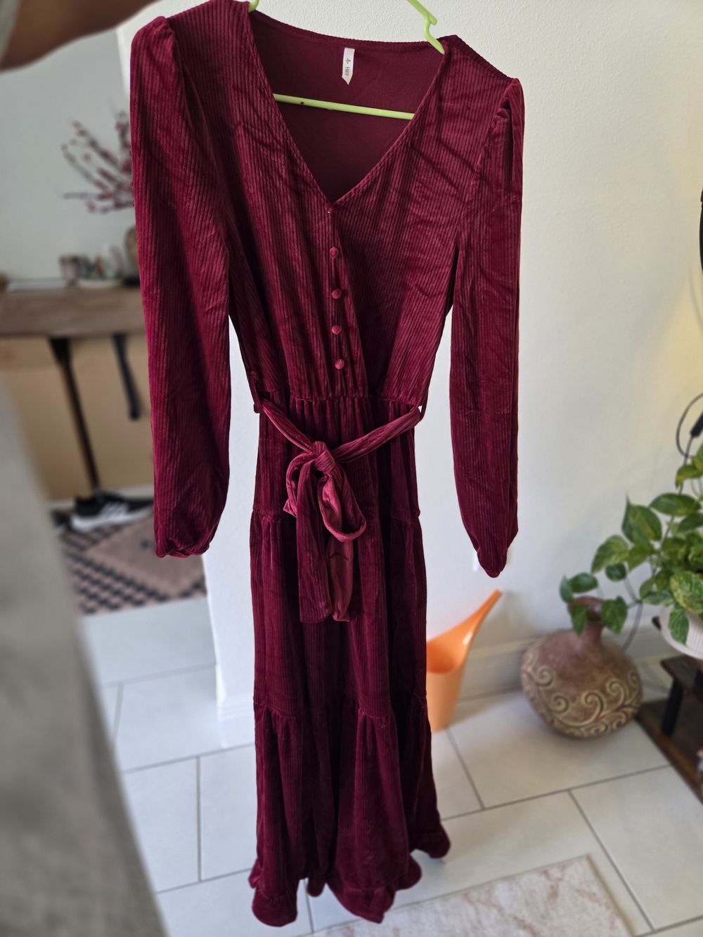 HALARA Burgundy Velvet Long Sleeve Maxi Dress with Tie Waist - Picture 2 of 5